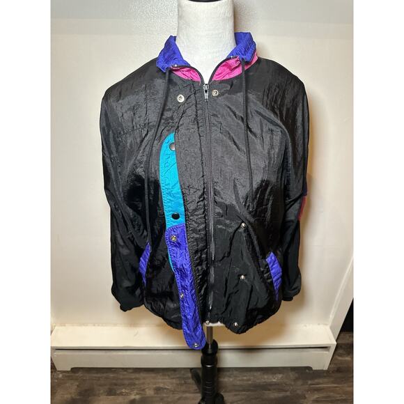 Rare VTG BOCOO Color Block Full Zip Windbreaker Jacket 80s 90s Black Women’s M - Picture 8 of 9